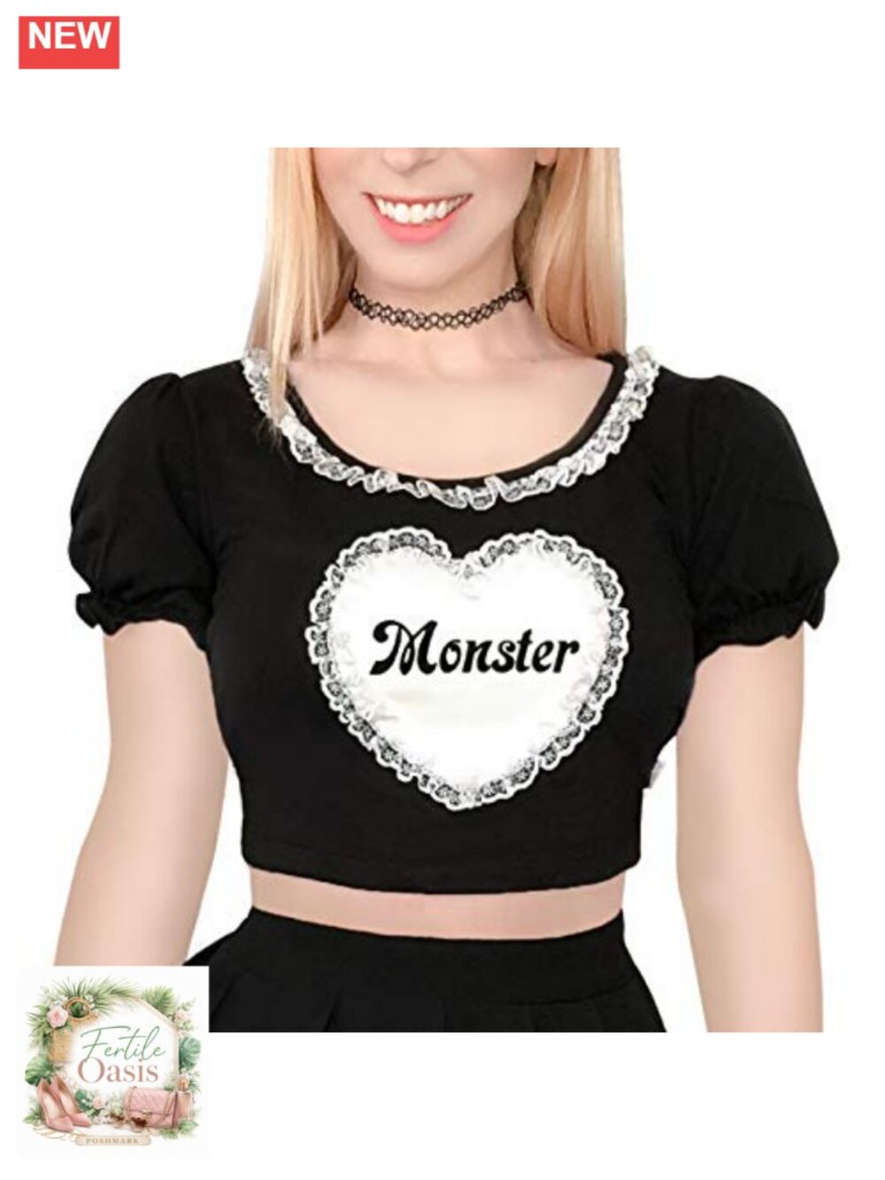 Women's Scoop Neck Puff Sleeve Crop Top Lace Trim Cotton Spandex
